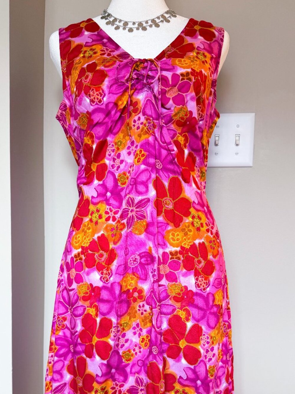 Expressions Womens Vintage Dress Size 10 Pink Red Tropical Floral Print 90s